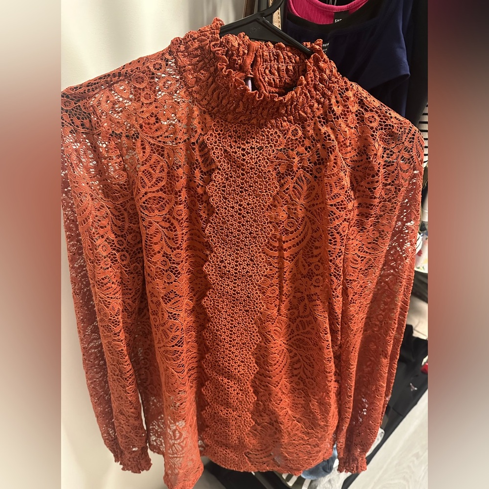 Cable & Gauge Orange Ruffled Embellished Blouse with Mandarin Collar